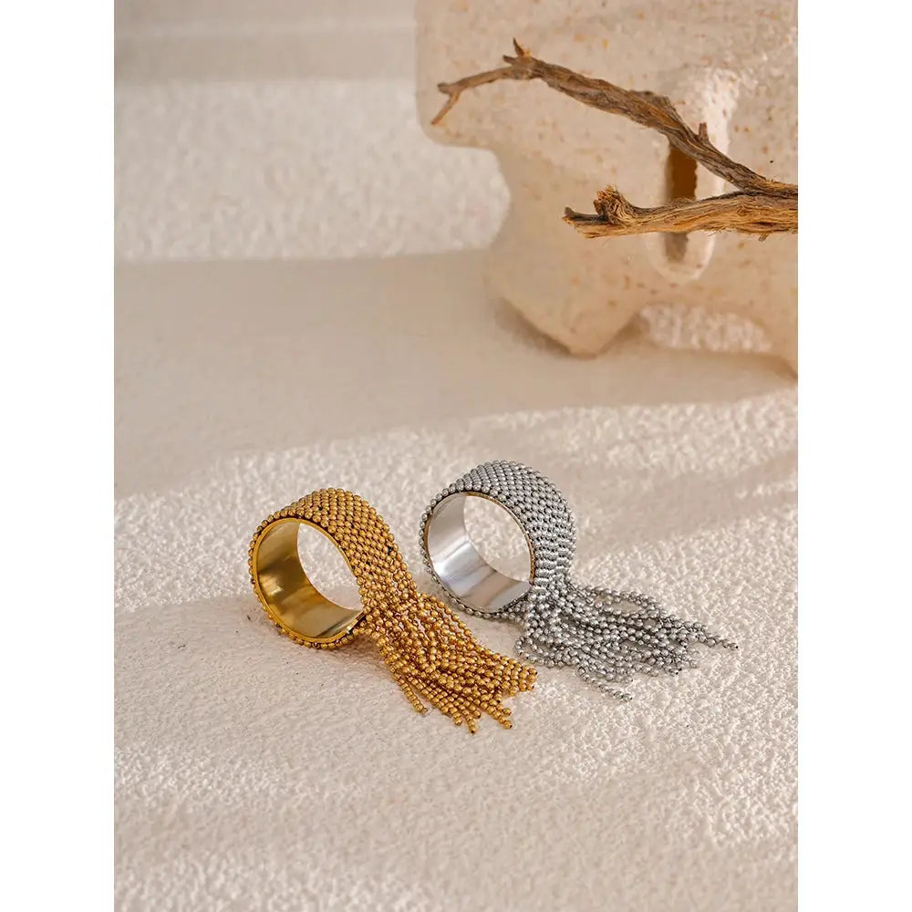Yhpup Statement Stainless Steel Chain Tassel Ring Adjustable 18K PVD Gold Plated Fashion Jewelry For Women