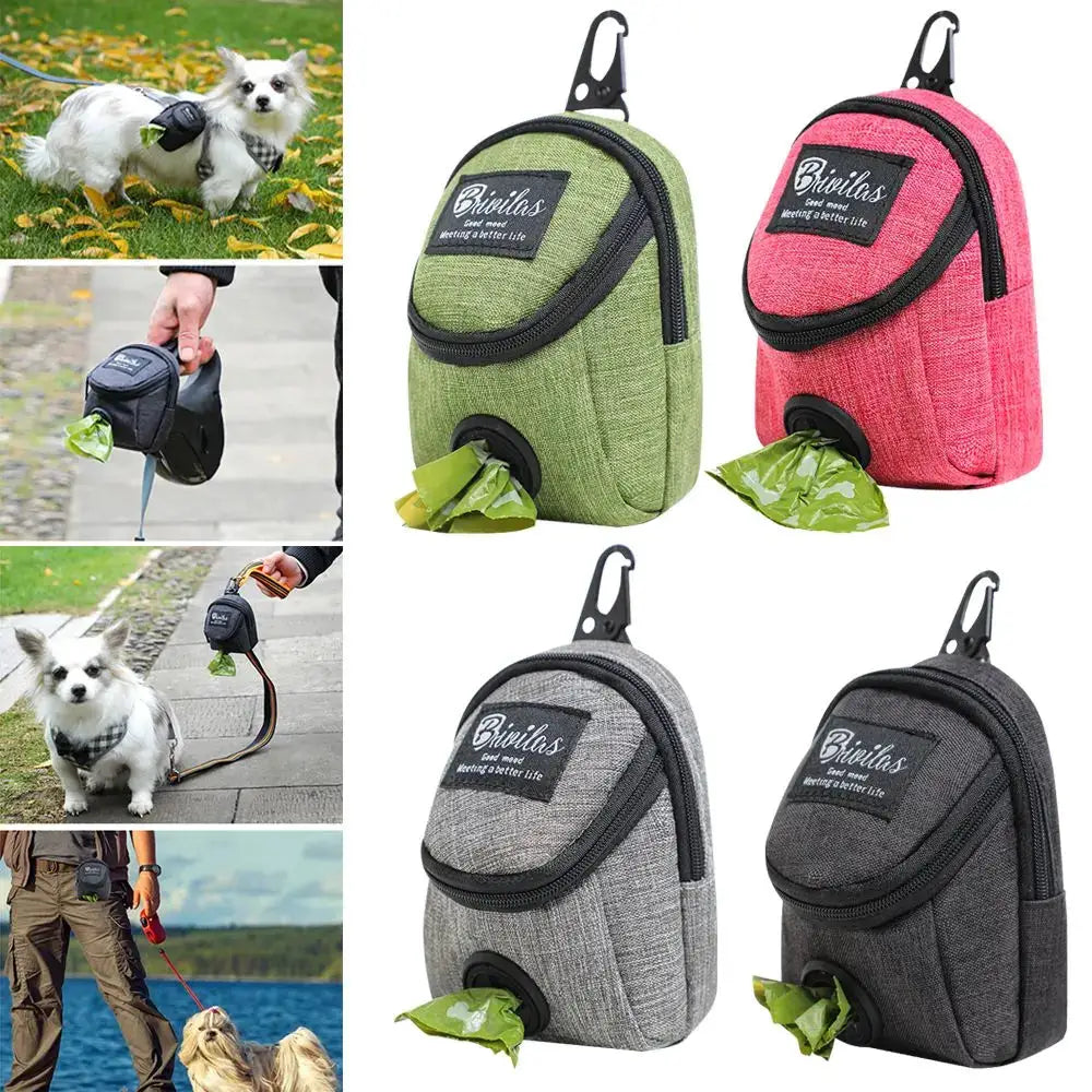 Dog treat pouch with poop bag dispenser, 4-pack in green, pink, gray, and charcoal.