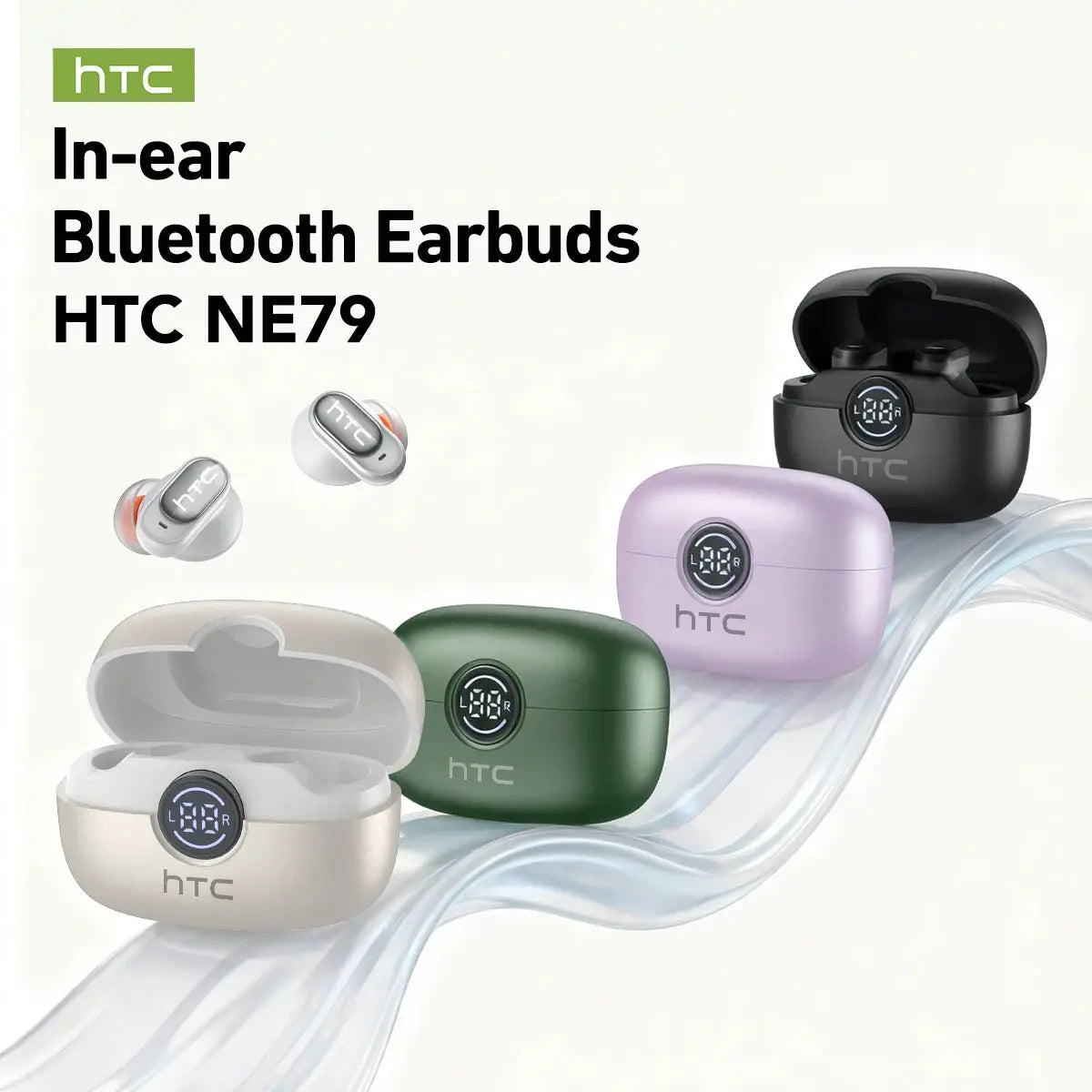HTC NE79 in-ear Bluetooth earbuds with LED display charging case in 5 color variants