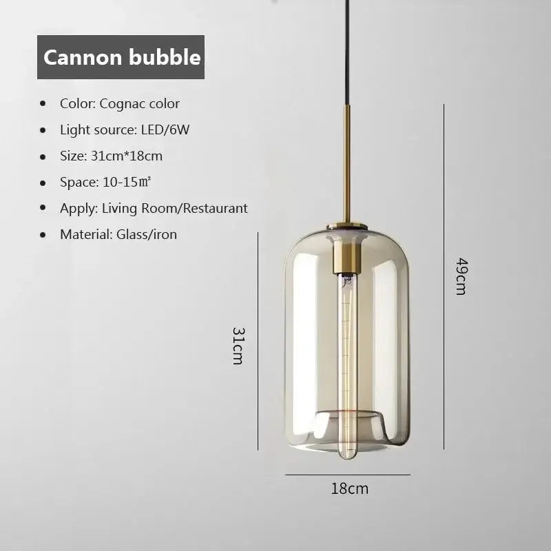Nordic LED glass chandelier pendant light, cognac glass with brass accents