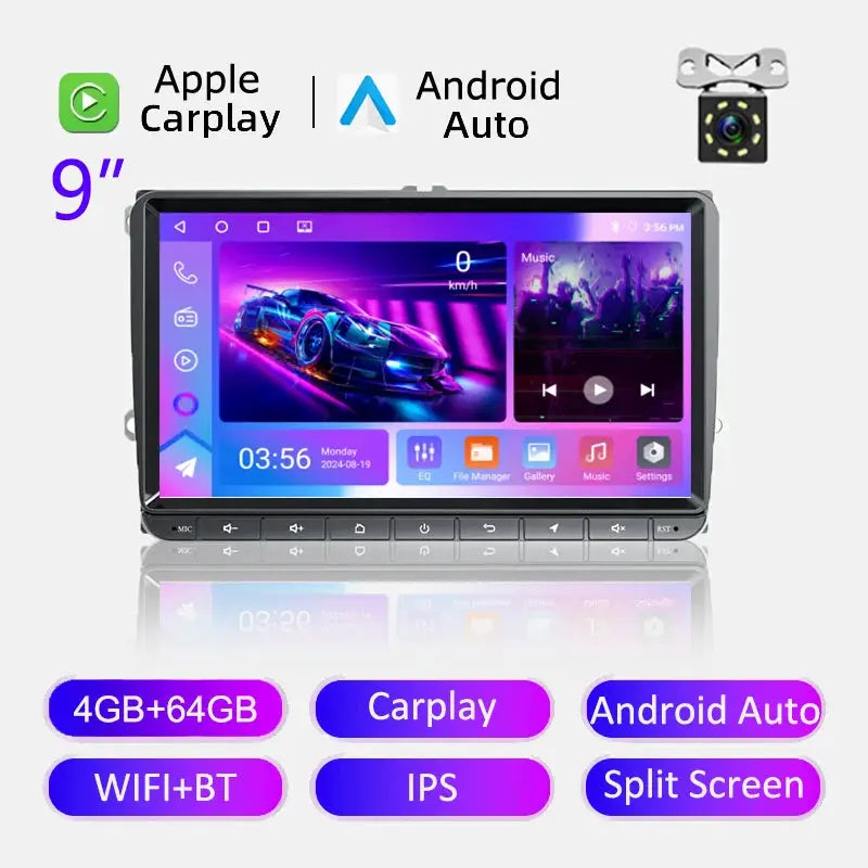 2Din Android car radio head unit with 9-inch IPS display, CarPlay, Android Auto, WiFi+BT