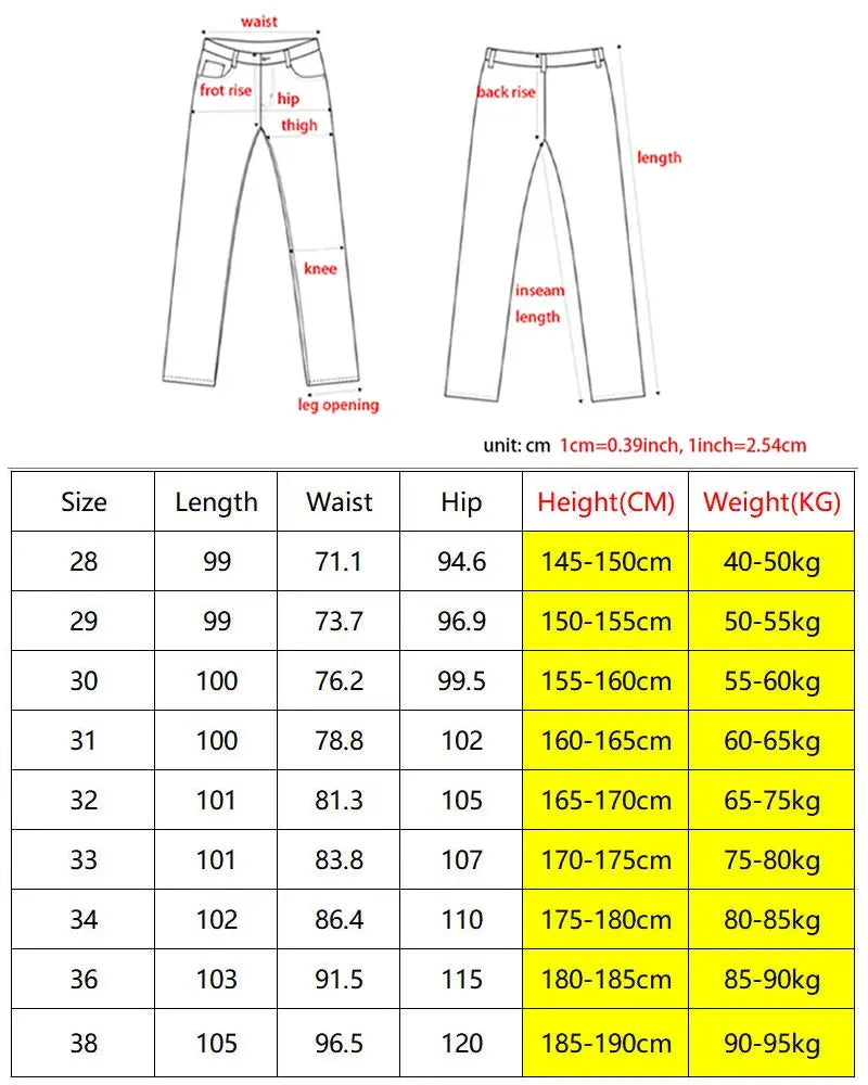 Simples Market men's casual straight-fit stretch chino pants in khaki; front/back diagrams and a cm size chart