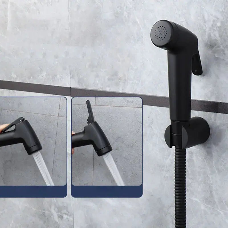 Handheld black bidet spray faucet with wall-mounted hose holder and shower head.