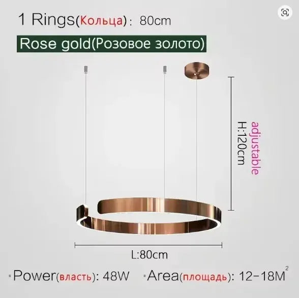 Ring pendant chandelier, rose gold finish, 80 cm ring diameter, adjustable height, Simples Market LED fixture