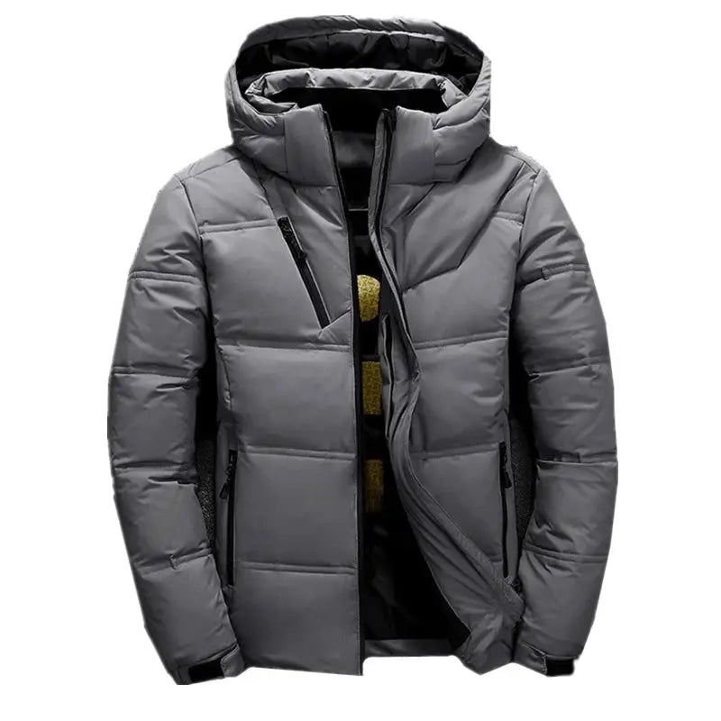 Men's gray hooded puffer down jacket with quilted panels and zip pockets