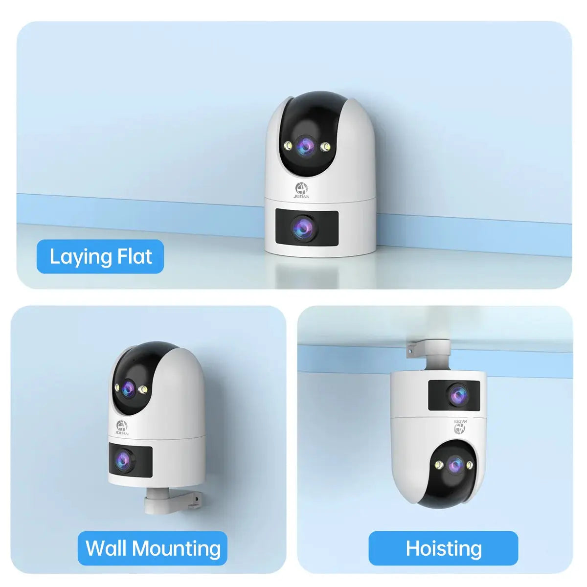 Simples Market 4K PTZ IP camera with dual lenses; white outdoor security cam with wall-mount and hoist options