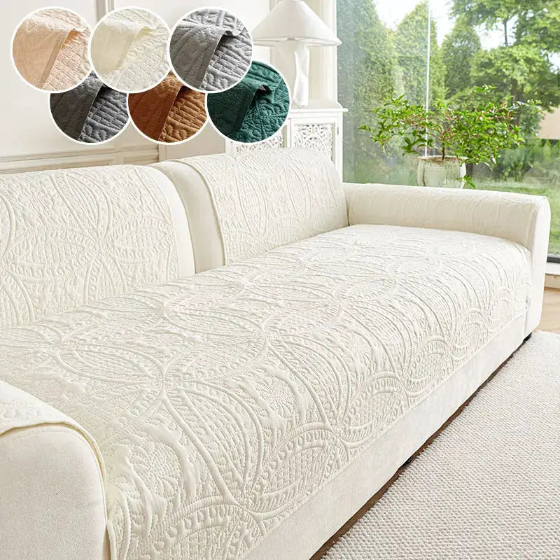 Cream quilted sofa cushion cover; 6 color options shown.