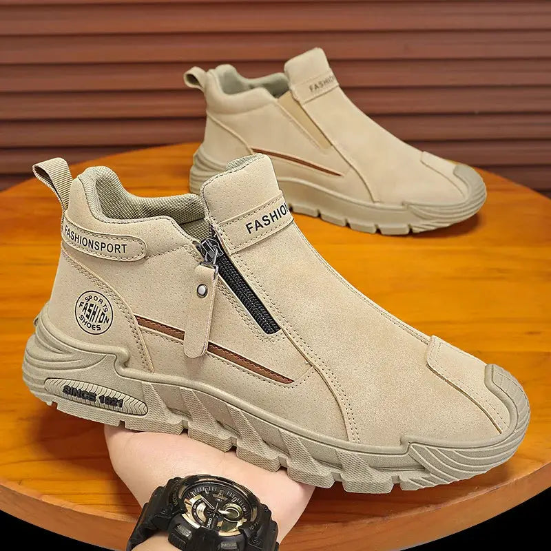 Men's casual hiking sneakers by Simples Market in tan suede with side zip and chunky sole; 2 pairs