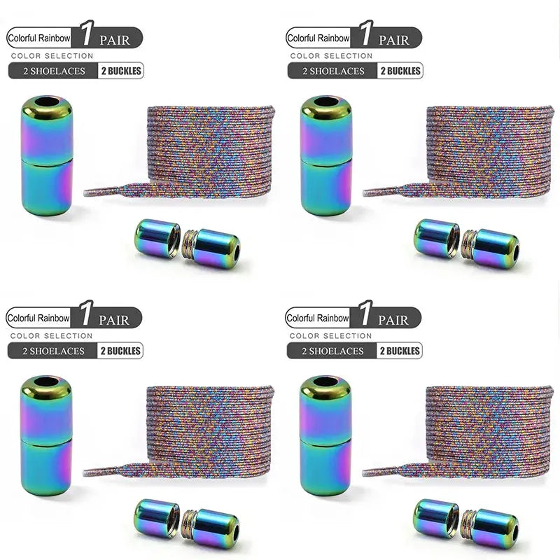 Rainbow no-tie elastic shoelaces with metallic buckles, 4 pairs shown