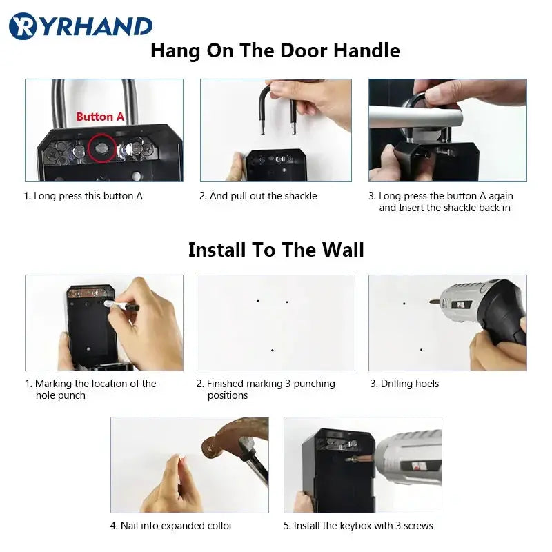 TTlock Wifi Security Box by YRHAND - black portable smart lock with door-handle and wall mounting steps