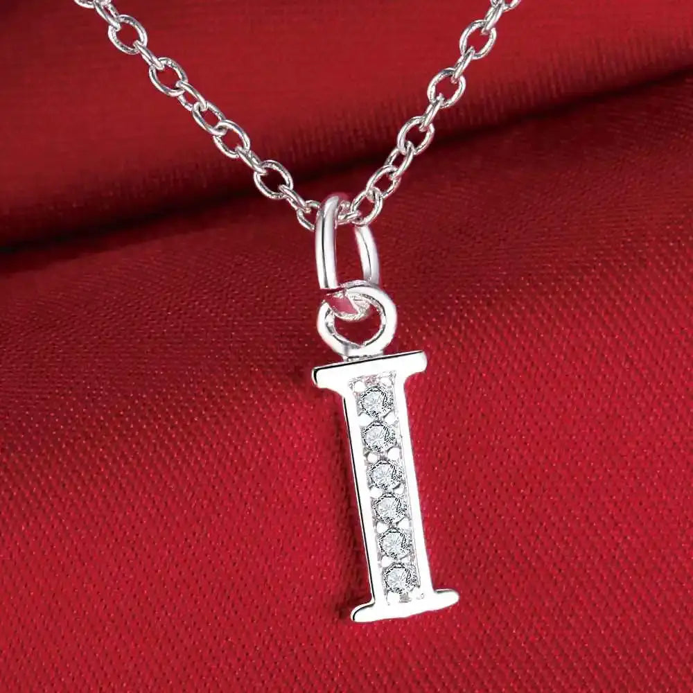 Letter I pendant necklace in 925 sterling silver with zircon stones on a silver chain