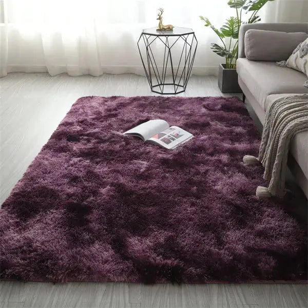 Fluffy purple shag area rug with ultra-soft plush fibers for living room.
