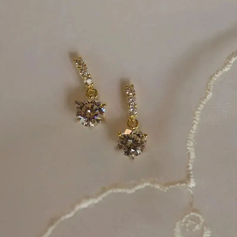 Gold Color Metal Bar Round Cubic Zirconia Stud Earrings For Women Bowknot Shape CZ Post Earring Classic Sparkling