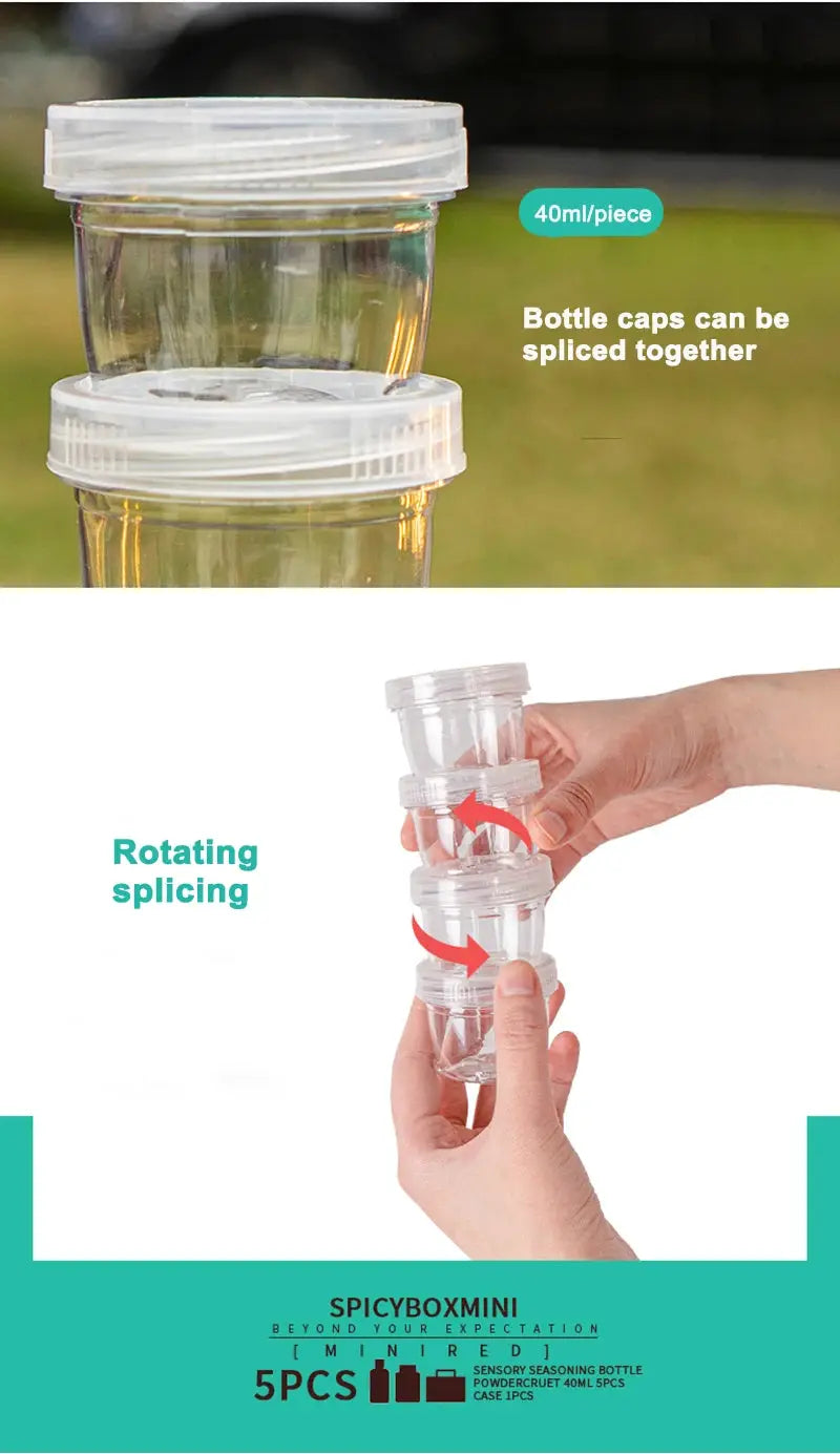 Simples Market 5-piece portable camping spice kit with clear plastic bottles and interlocking white caps