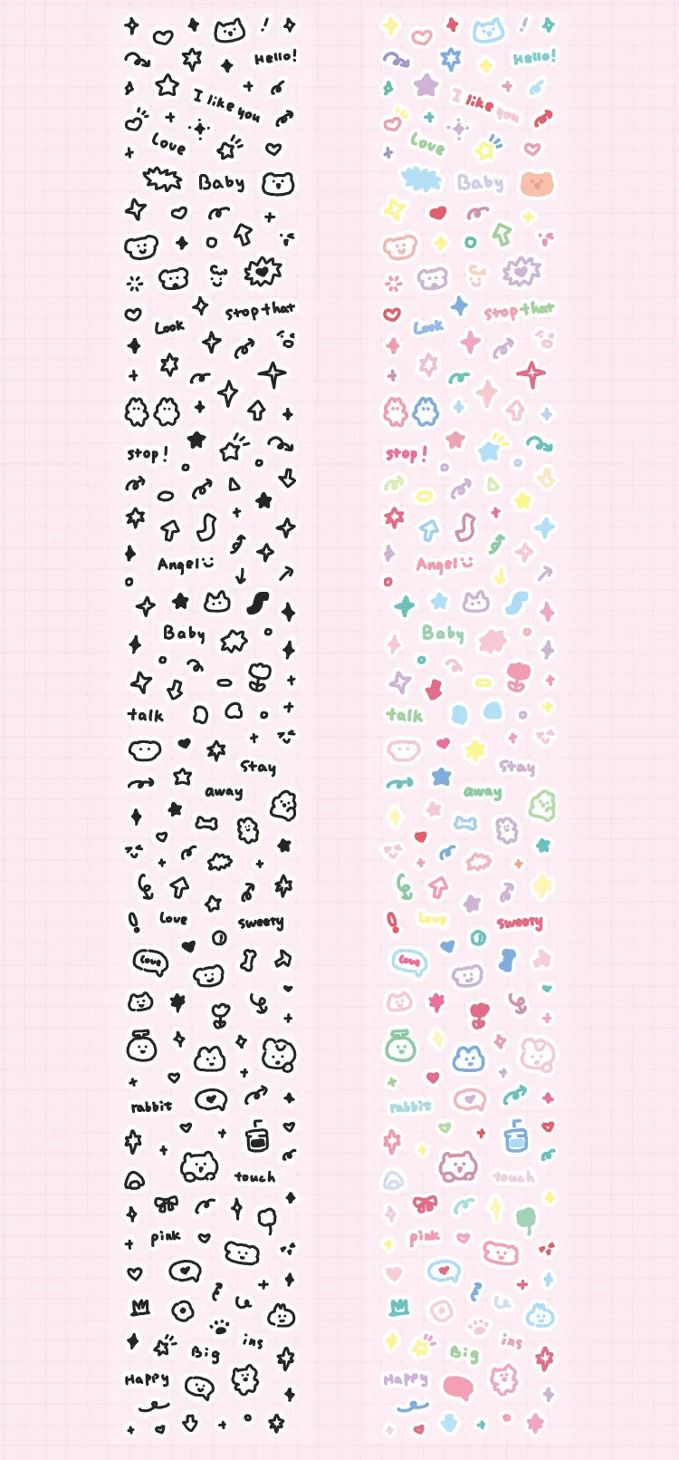 Mr.paper 200cm hand-drawn decorative planner tape, two long rolls in black-outline and pastel colorways