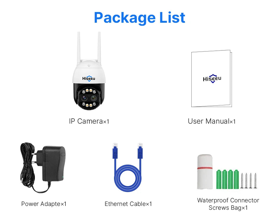 Hiseeu white outdoor 4K dual-lens IP camera kit with 1 manual, 1 power adaptor, 1 ethernet cable, 1 screws bag