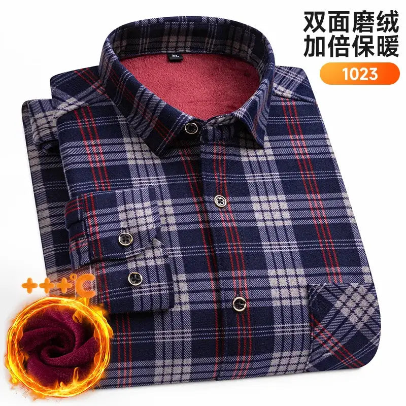 Simples Market men's plaid fleece shirt, navy and red check, thick double-sided fleece lining, 7XL/8XL plus size