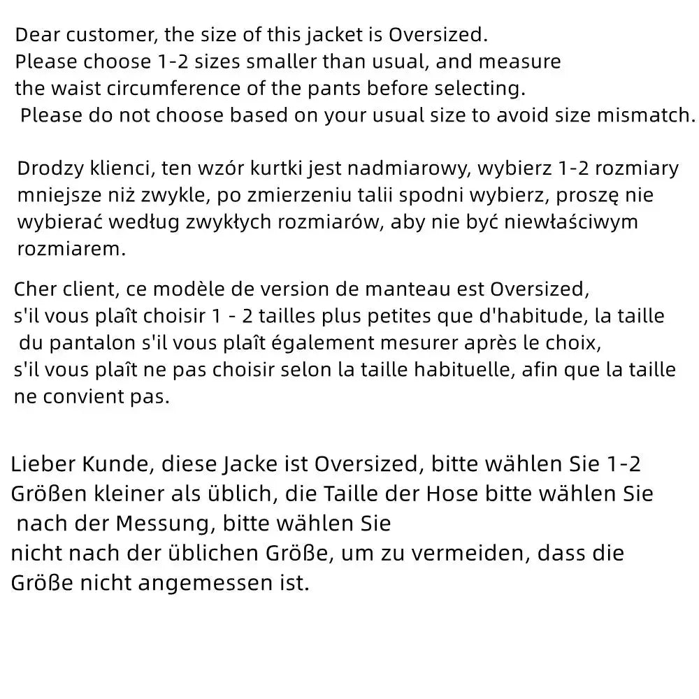 KONDALA oversized jacket size guide text in multiple languages with note to choose 1-2 sizes smaller.