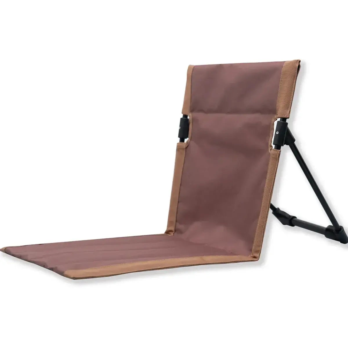 Foldable camping chair by Simples Market, brown fabric backrest cushion and black frame.
