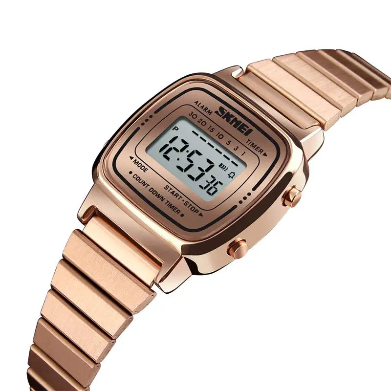 Skmei Women Digital Chronograph Wristwatch Stainless Steel Strap 30M Water Resistant Fashion Timepiece