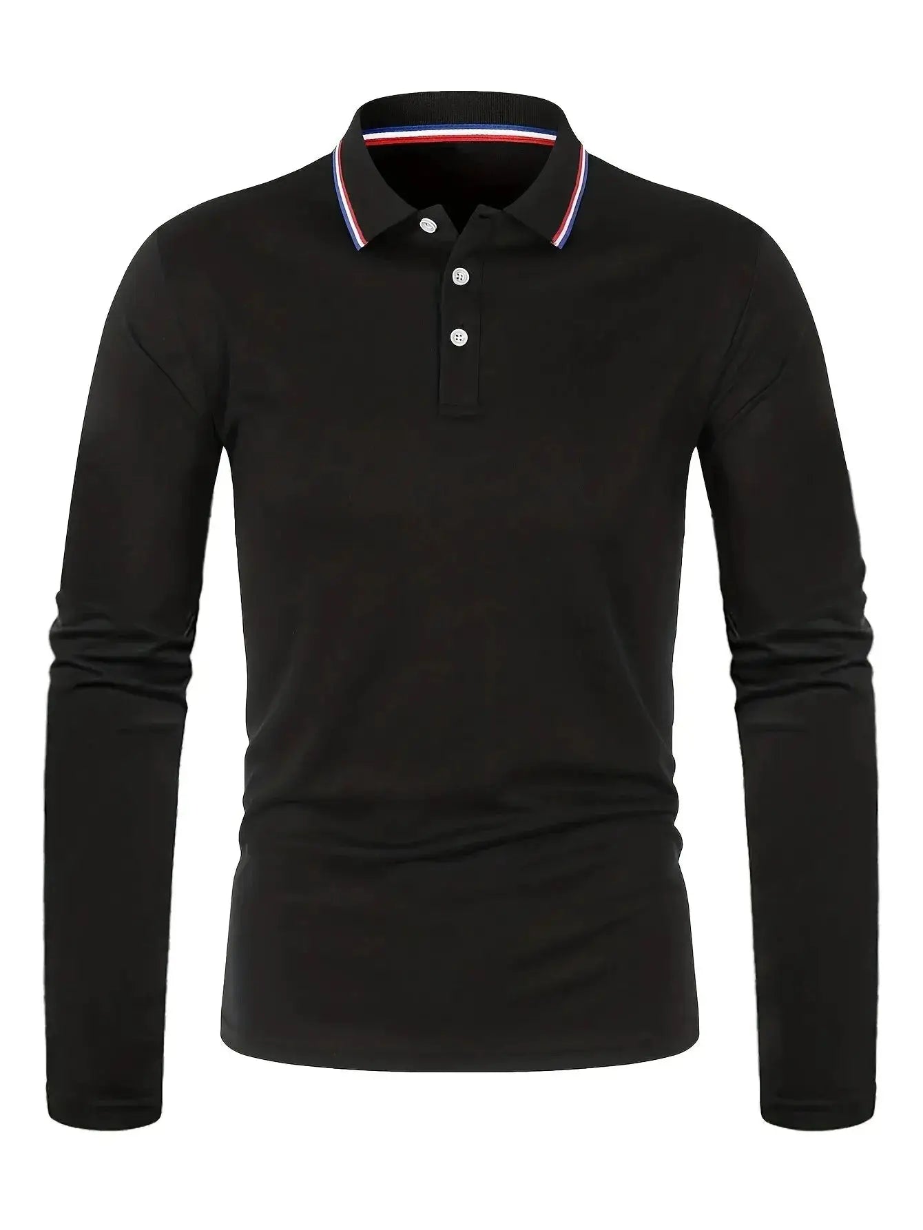 Men's black long-sleeve polo shirt with striped red, white and blue collar by Simples Market