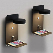 Two black bedroom LED wall lamps with USB charging and fold-out shelves