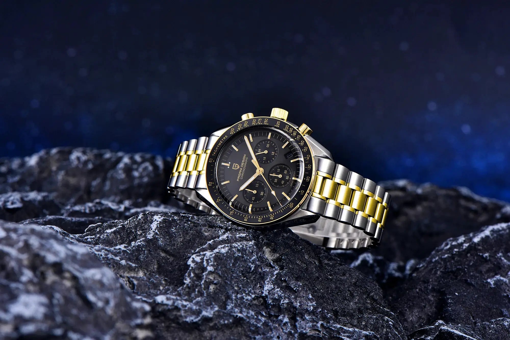 Simples Market Pagani Design 500 Speedometer chronograph watch, two-tone stainless steel bracelet, black dial.