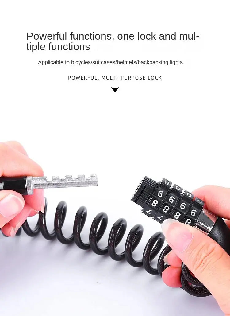 Bicycle lock: steel wire chain with black numeric combination dials