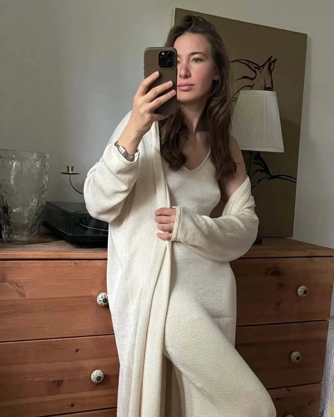 Hirsionsan Soft Loose Women Two Piece Knit Cardigan And Vest Set