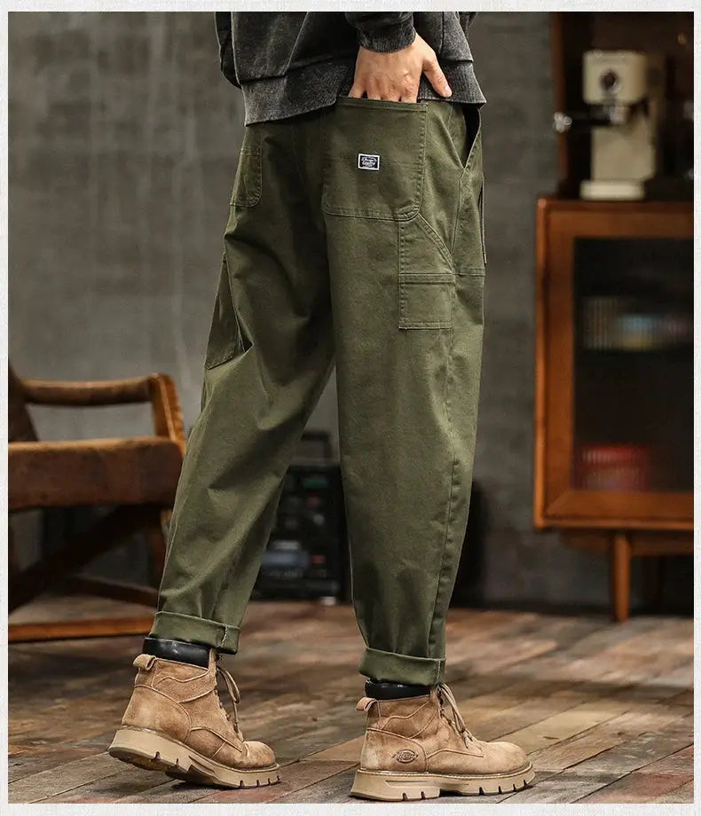 Olive cargo pants for men by Simples Market, cotton loose mid-waist joggers with belt and pockets