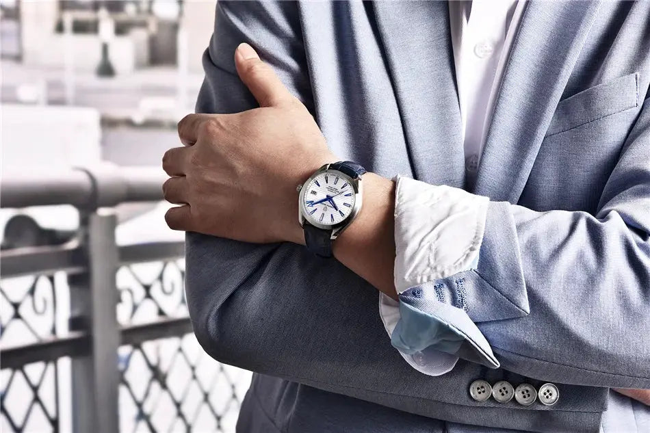 Pagani Design A150 40mm men's watch with blue leather strap, white dial, and silver case
