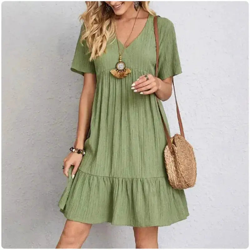 LunaModa Women Summer Peplum Dress Breathable Cotton Knit V Neck Knee Length Loose Fit Short Sleeve