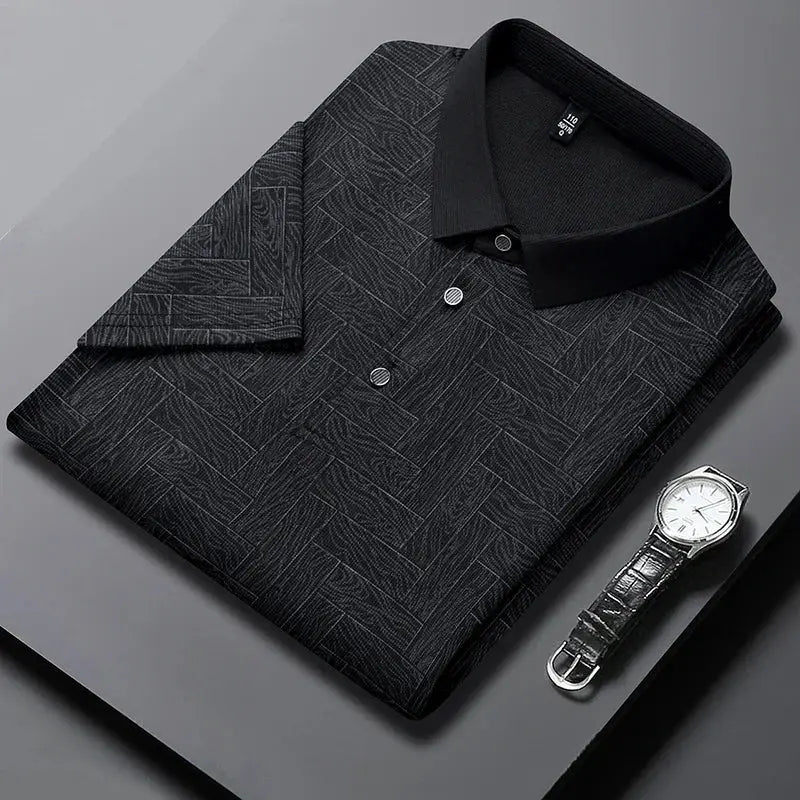 Men's black patterned polo shirt with black collar; short sleeves; includes wristwatch (2 items)