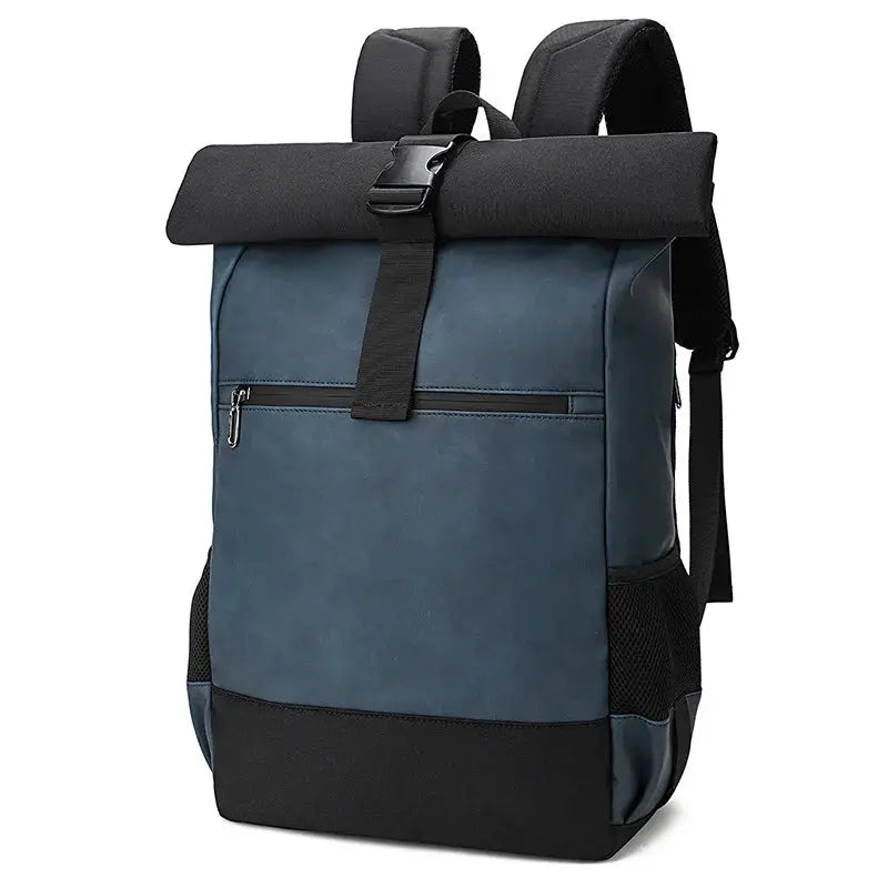 Waterproof USB backpack in blue with roll-top closure, front zipper pocket, and side mesh pockets.