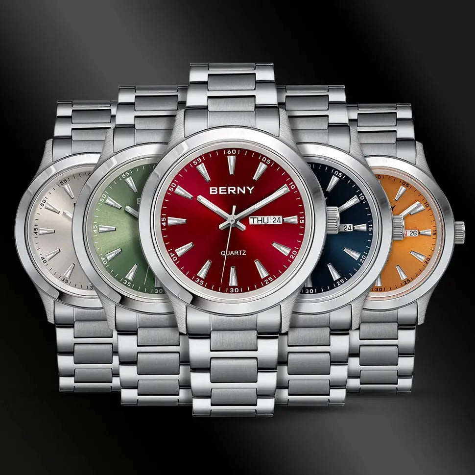 BERNY men's quartz wristwatch set with stainless steel bands; five color dials (red, green, beige, blue, orange)