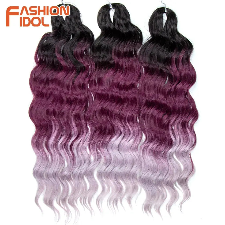 Anna 24-inch synthetic water-wave crochet hair extensions, ombre blonde to purple, set of 3 bundles
