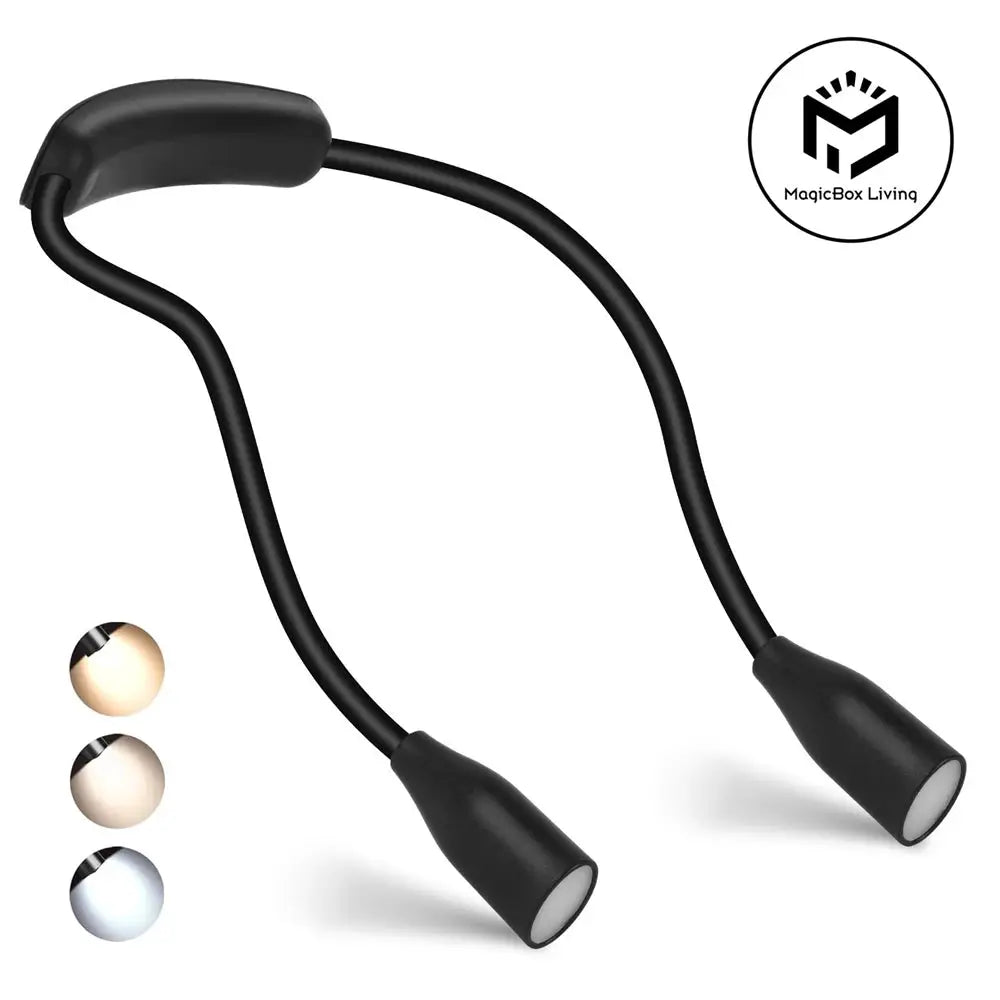 LED reading neck light with dual heads, USB rechargeable, black gooseneck arms; MagicBox Living logo visible