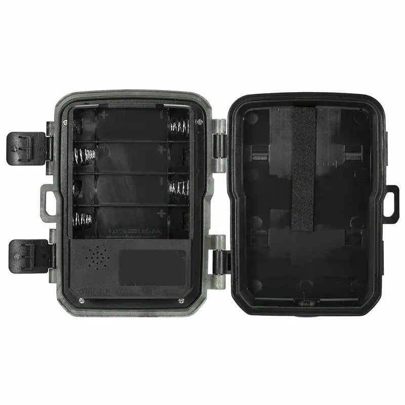 Suntekcam trail hunting camera with open battery compartment showing four AA slots