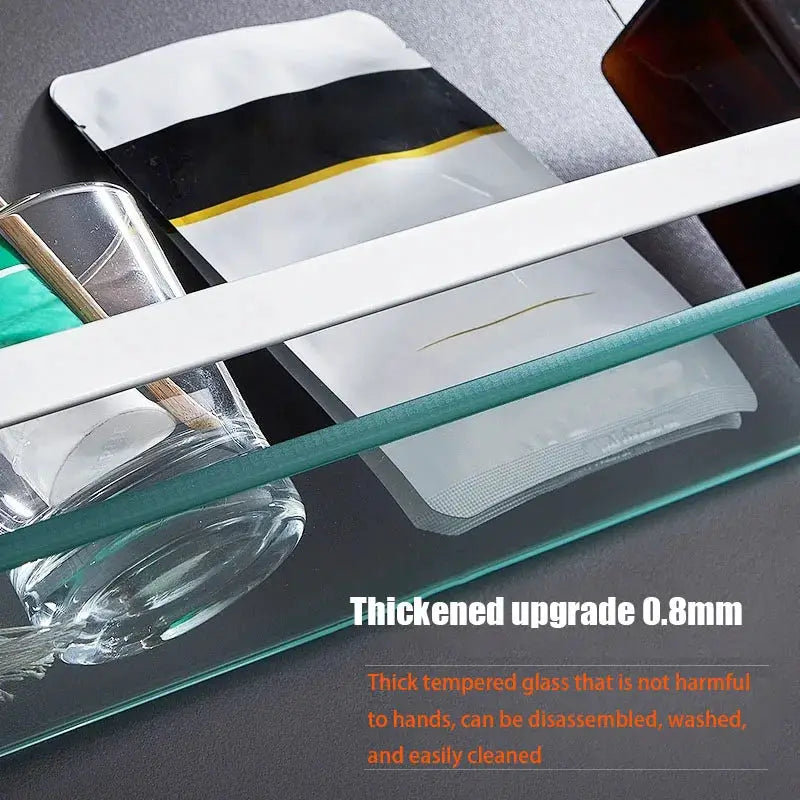 Glass bathroom shelf organizer by Simples Market, 0.8mm thick tempered glass, wall-mounted