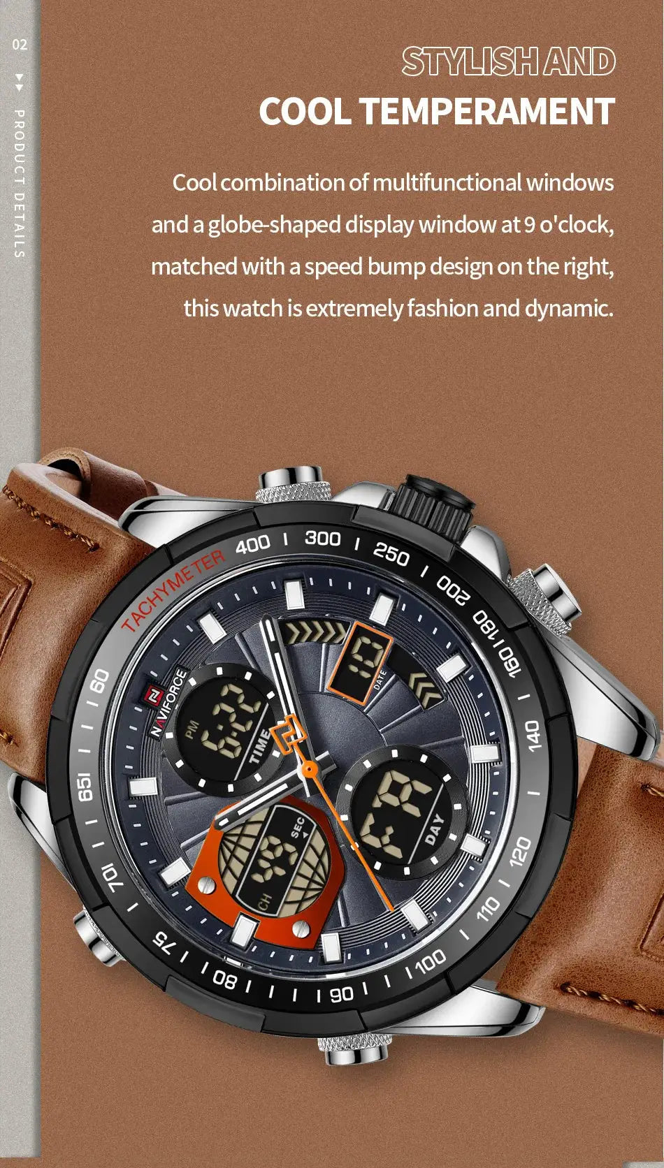 NAVIFORCE men's sport watch with brown leather strap, black bezel, dual-display chronograph