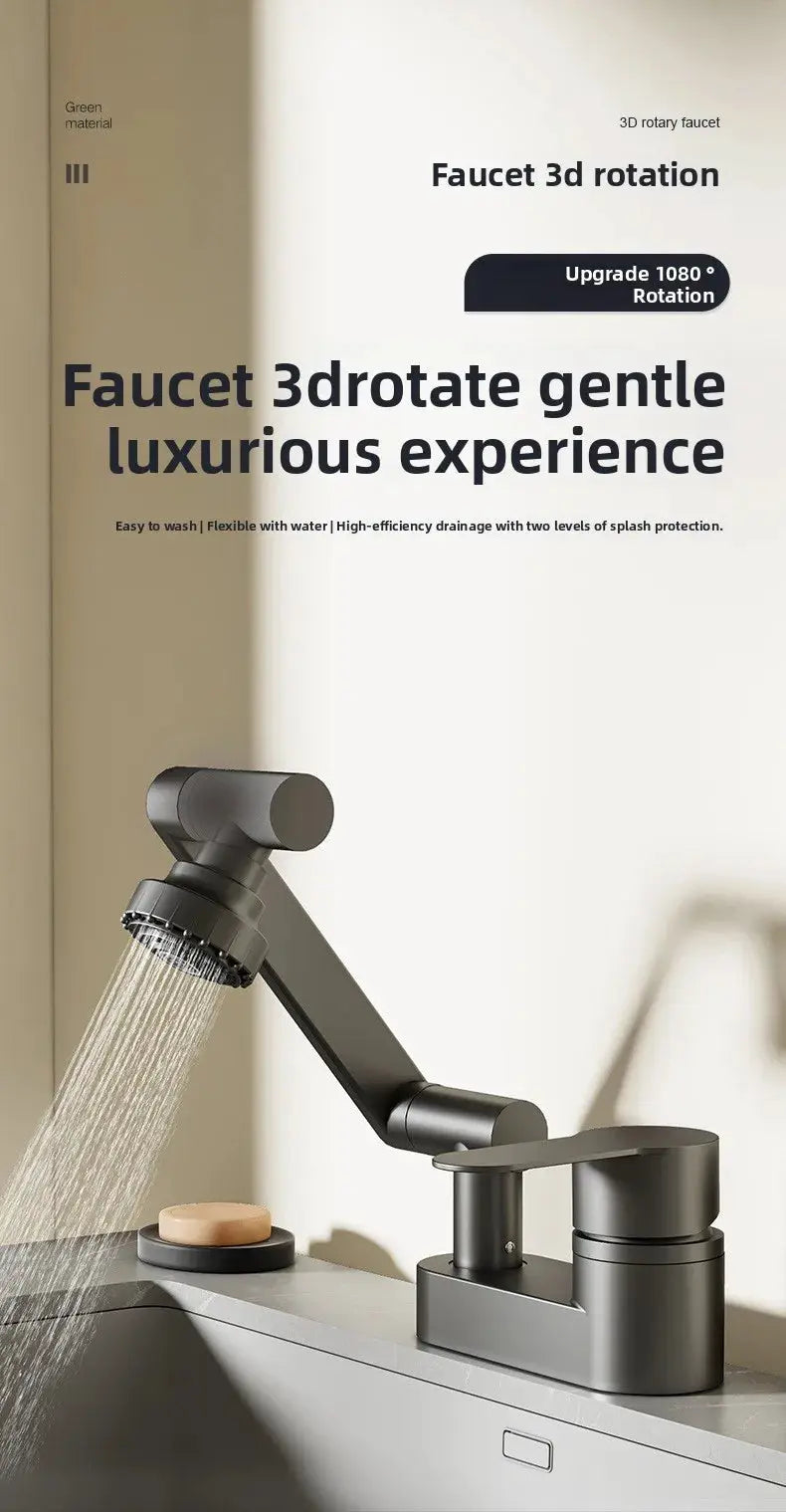 Simples Market bathroom faucet with 3D-rotation spray, dual-hole hot and cold, matte gray finish