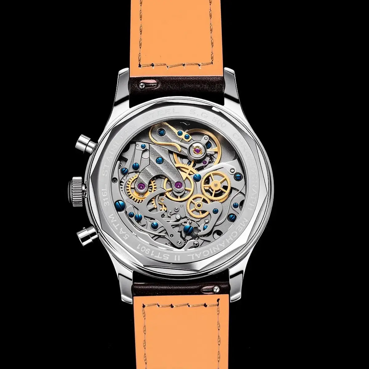 Sugess Chronograph watch with stainless steel case and orange leather strap, visible skeleton ST19 movement.
