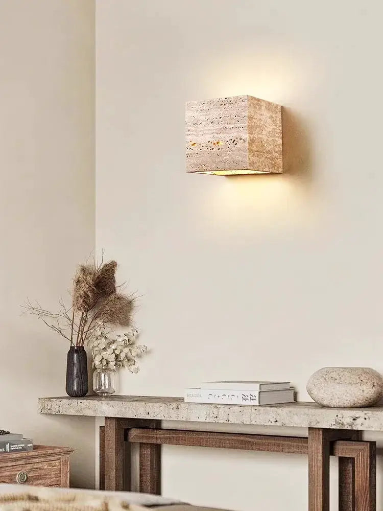 Wabi Sabi Yellow Marble Wall Lamp by Simples Market; square travertine wall sconce with warm LED light.