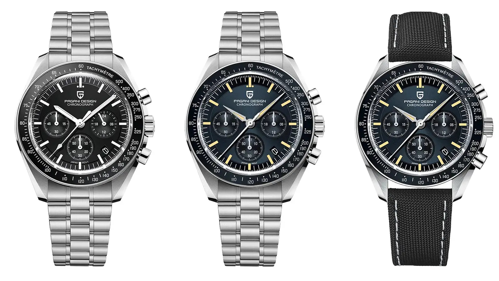 Pagani Design Moon Watch tribute chronograph set of 3 for men; two stainless steel bracelet models (black, blue) and one fabric-strap version.