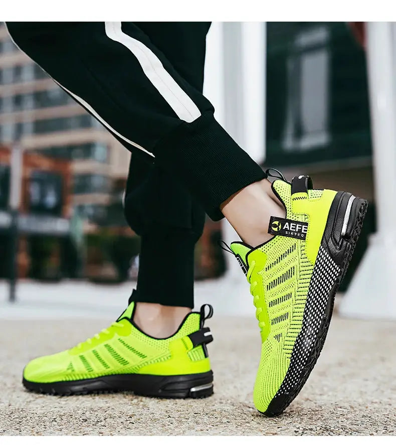 Men's neon green breathable running shoes by Simples Market, mesh upper with black sole