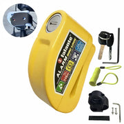Falante alarm disc lock for motorcycle by Simples Market, yellow aluminium alloy, with keys, reminder rope and bracket