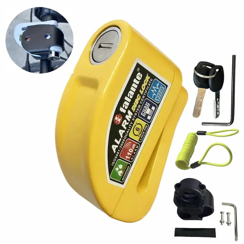 Falante alarm disc lock for motorcycle by Simples Market, yellow aluminium alloy, with keys, reminder rope and bracket