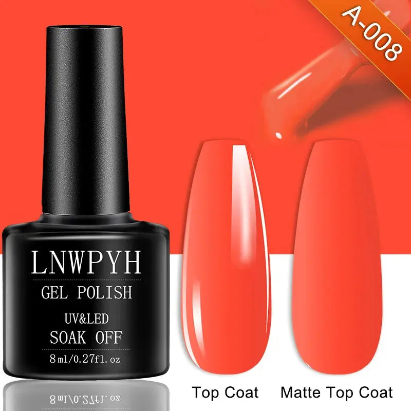 Gel nail Polish bottle with UV/LED soak-off formula; orange-red swatches labeled Top Coat and Matte Top Coat