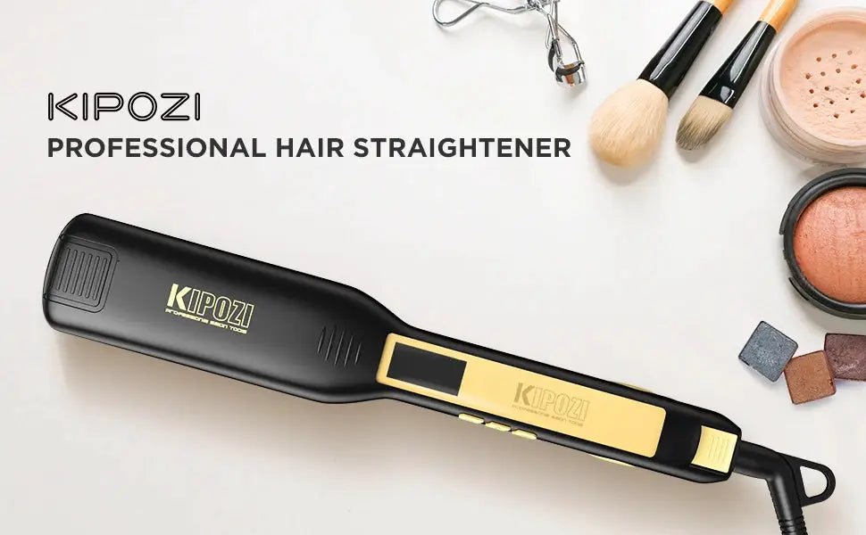 KIPOZI professional titanium flat iron hair straightener with digital LCD display, black and gold design.