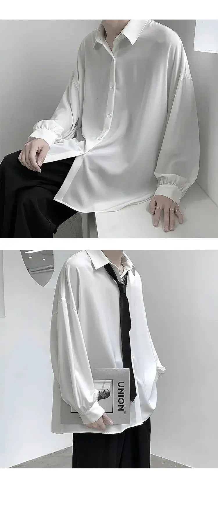 Korean style men's oversized white long-sleeve shirt with balloon sleeves
